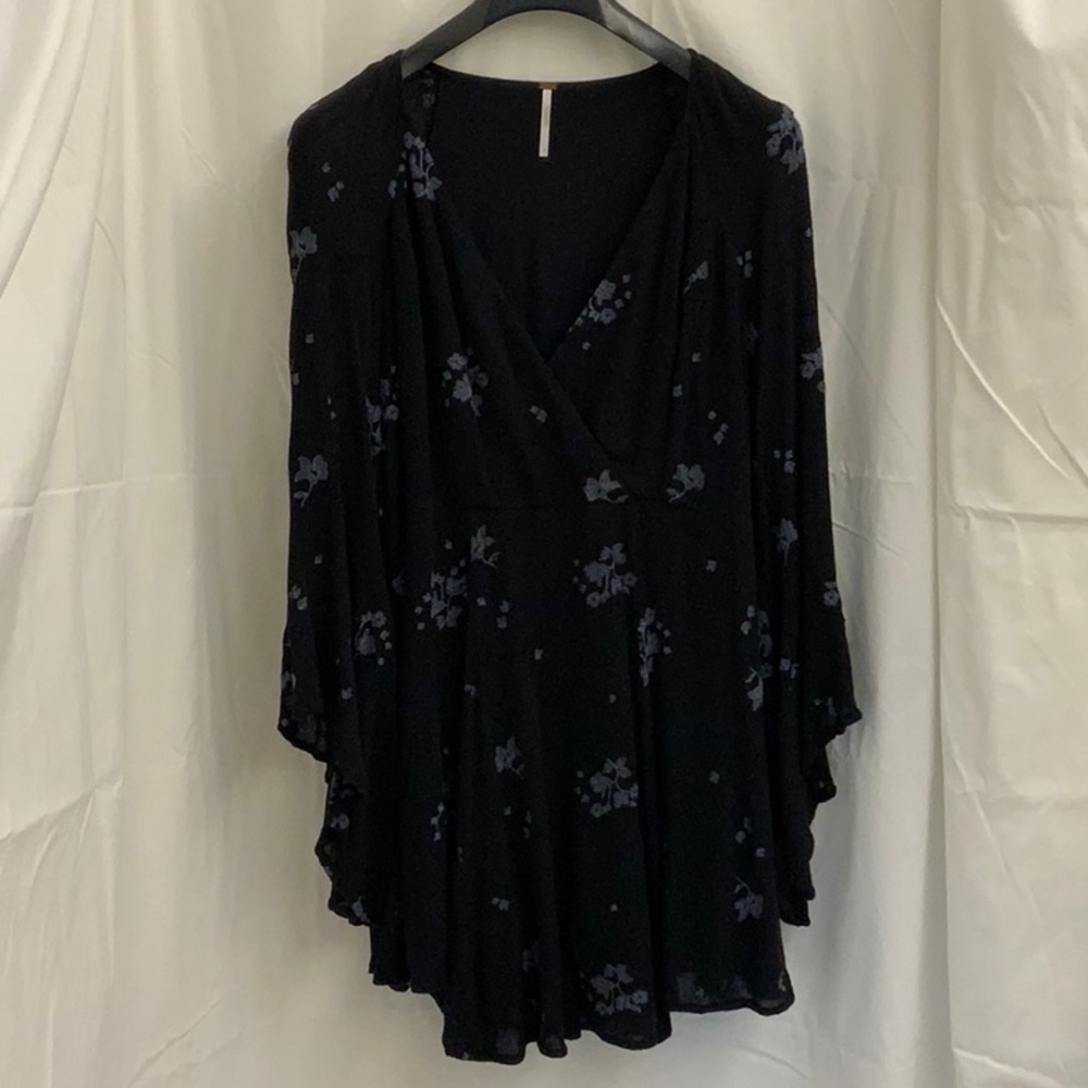 Free People Black with Light Blue Embroidery Bell-Sleeved Billowy Tunic